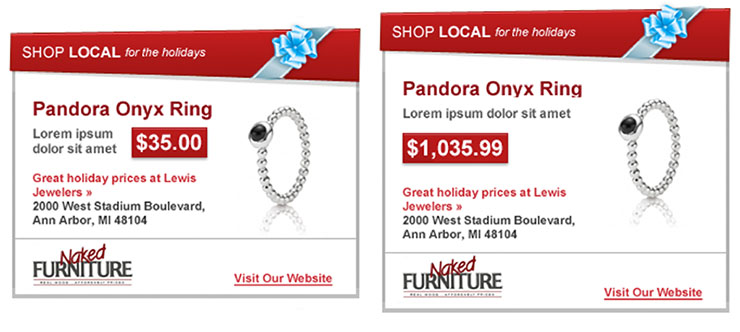 In this ad design, my first pass (top) ended up with a concept that limited the price to a maximum of four digits. It turns out some items required more digits than anticipated; the second concept (bottom) proved to be more reliable.