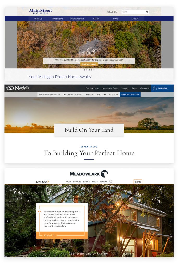 Three screenshots of local builder websites that are all very similar.