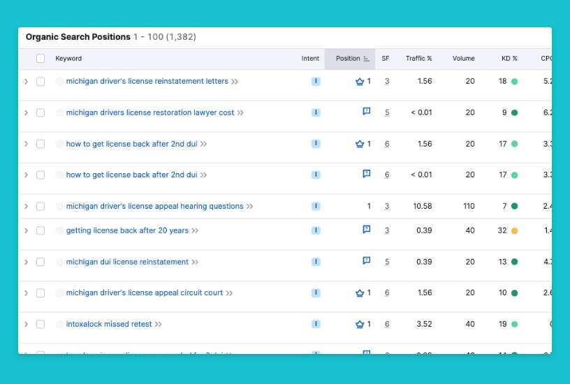 Chart of keywords the website currently ranks for
