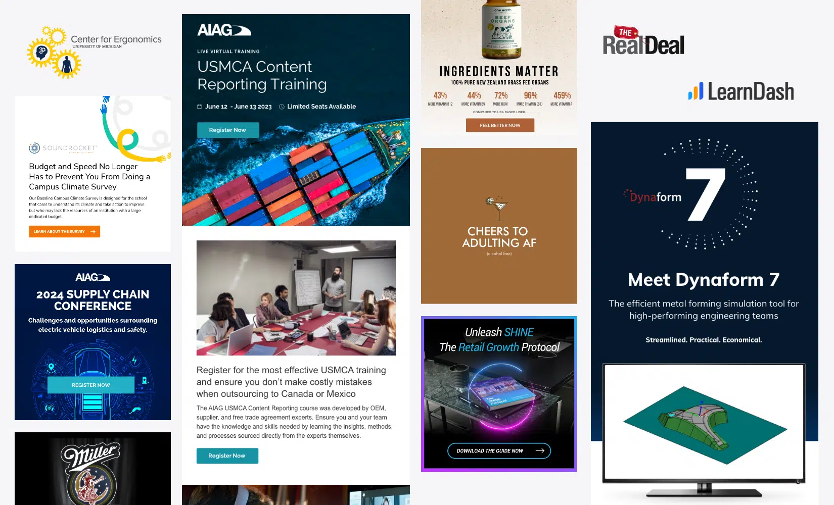 A gallery of creative assets including digital ads, email templates, and logos