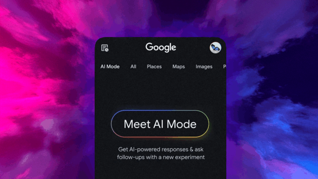 **Alt text:** Stylized screenshot of Google Search showing the “AI Mode” tab and a dark interface with a rainbow-outlined button labeled “Meet AI Mode,” over a vivid purple-and-blue cloud background.