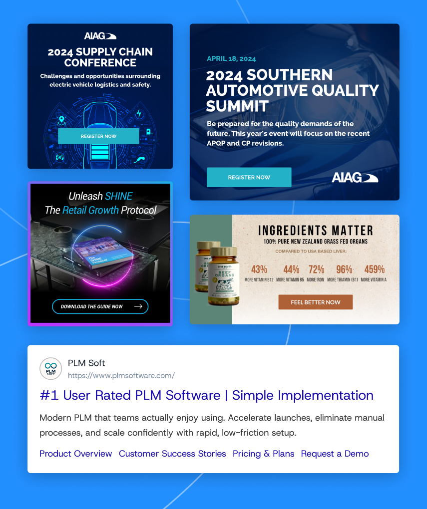 A collection of digital advertising examples including both display and search ads