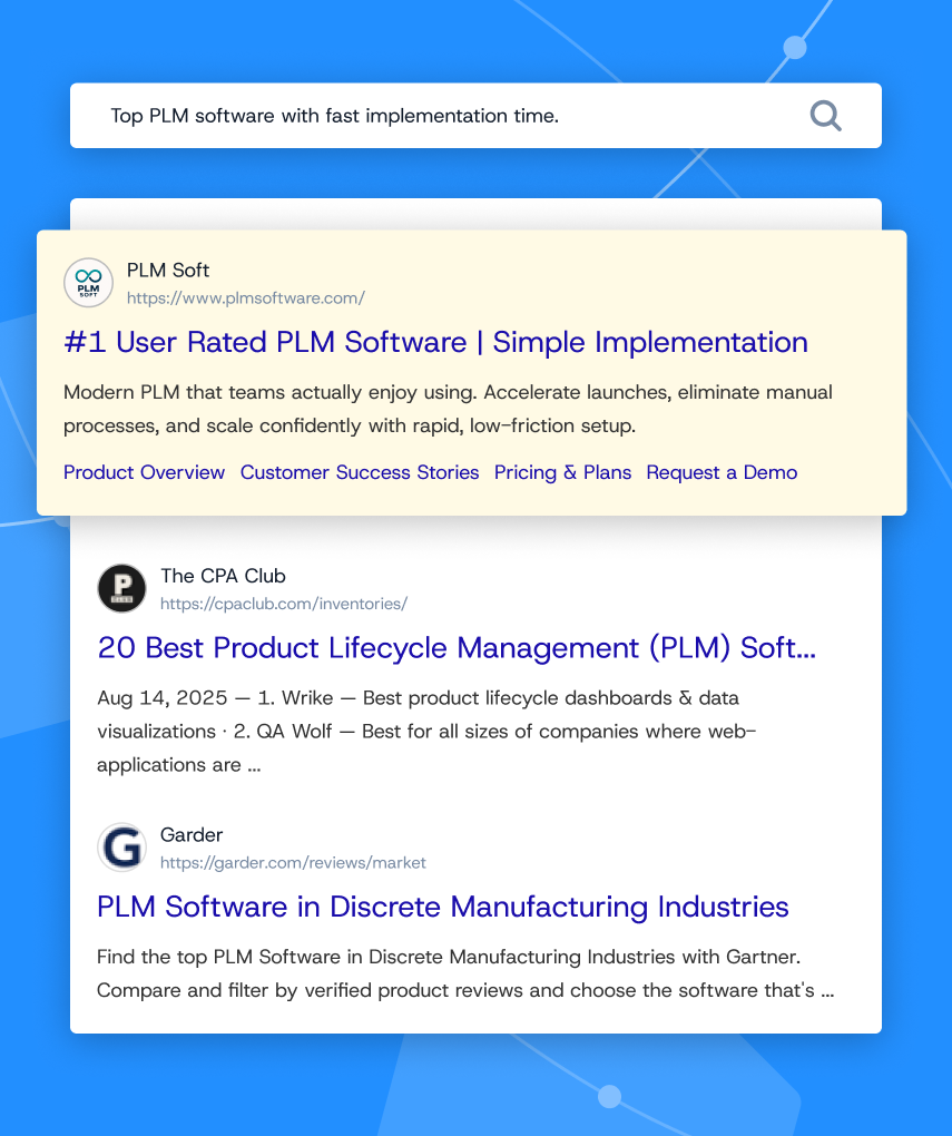 A search engine results page with the first listing highlighted demonstrating attaining #1 rankings for a competitive search term.