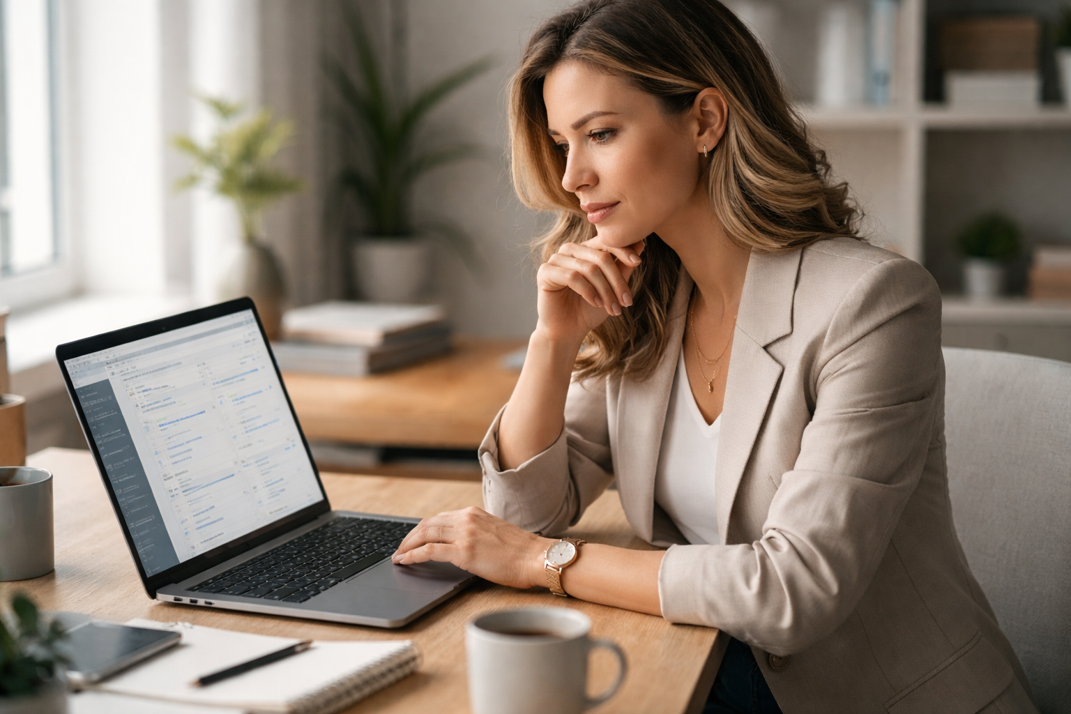 Professional marketing strategist working at a modern desk, focused on a laptop displaying organized documents and light analytics, with a notebook and coffee mug in a softly lit, minimalist office.