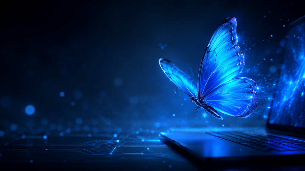 Electric blue butterfly in a futuristic technology environment representing Three Seven Marketing’s B2B tech marketing and AI strategy expertise