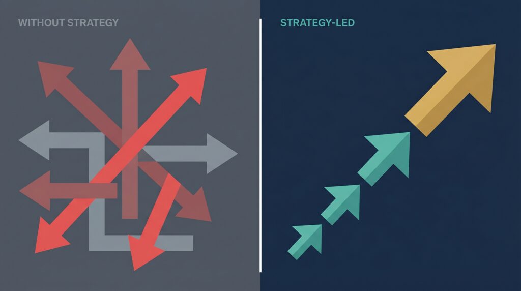 Side-by-side graphic showing scattered red arrows representing marketing without strategy versus aligned teal and gold arrows representing strategy-led marketing.