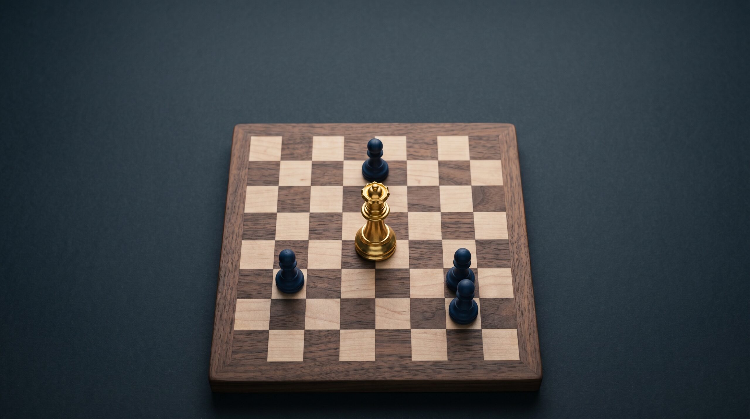 A gold chess queen piece surrounded by navy pawns on a walnut board, representing marketing strategy and deliberate decision-making.