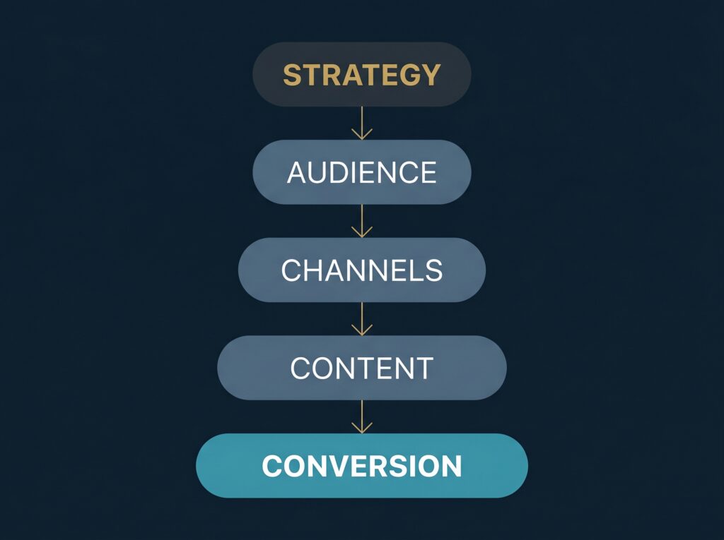 A vertical flowchart showing how marketing strategy flows into audience definition, channel selection, content, and conversion.