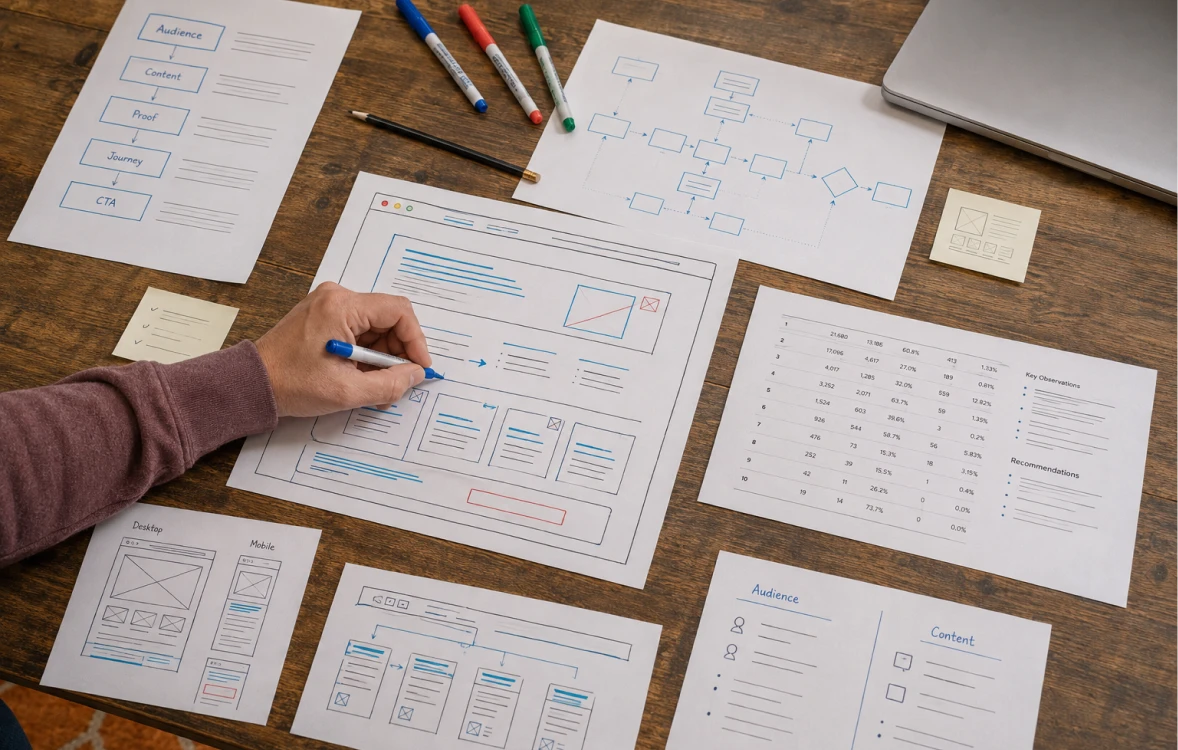 A strategists working on design, marketing, and development